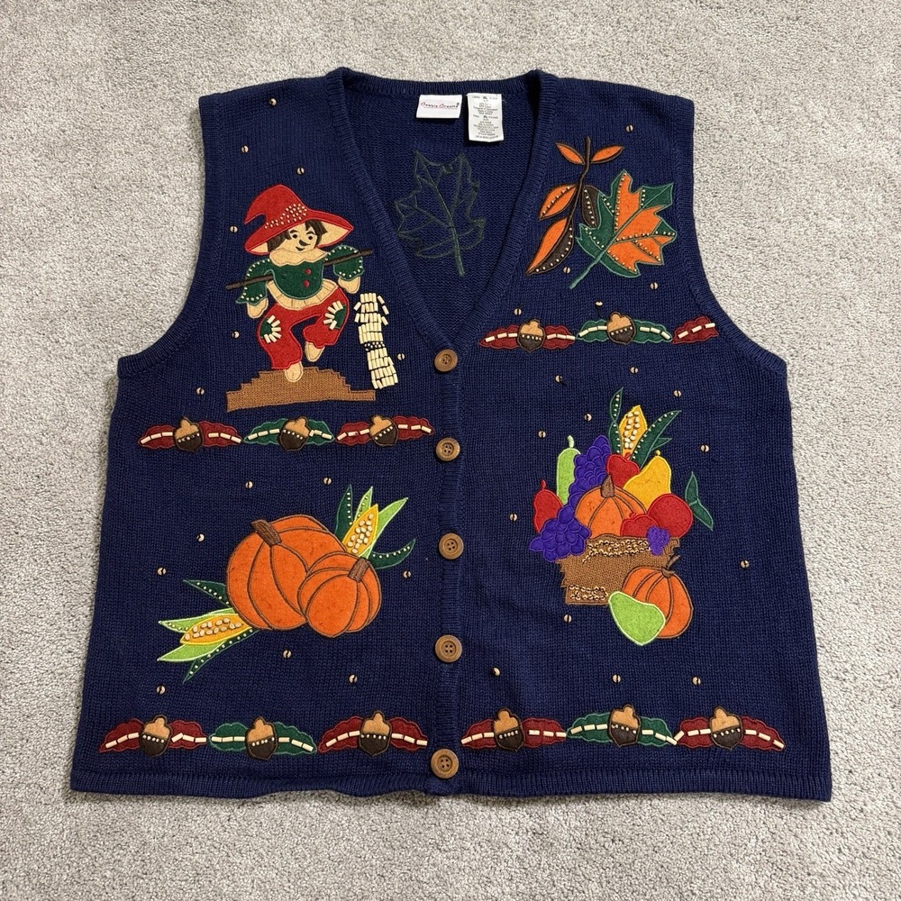Vintage Bobbie Brooks Cardigan Sweater Vest Womens XL Navy Fall Autumn Pumpkins